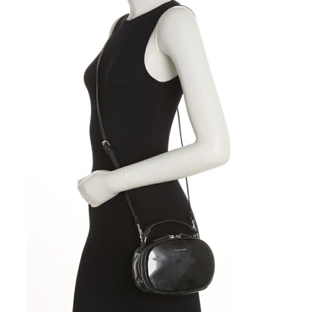 TAHARI Laguna Crossbody Bag, Vegan Patent Leather, Black, Adjustable Strap, NWT‎